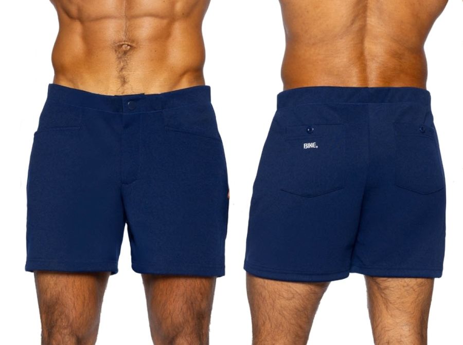 Back side of navy blue bike athletic bam207 coaches shorts with 5 inch inseam and subtle brand logo on pocket