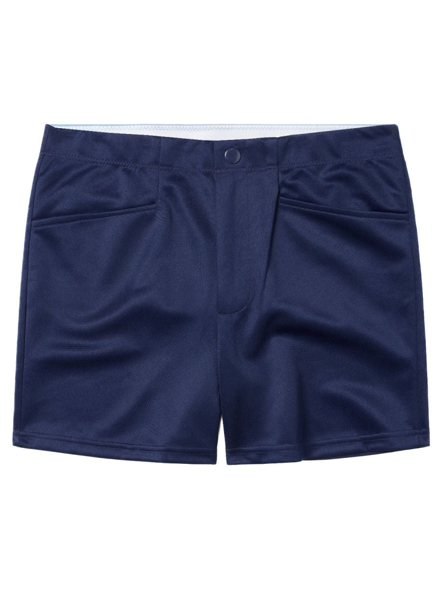 Navy blue BIKE athletic BAM207 coaches shorts with white waistband two front pockets and 5 inch inseam for training