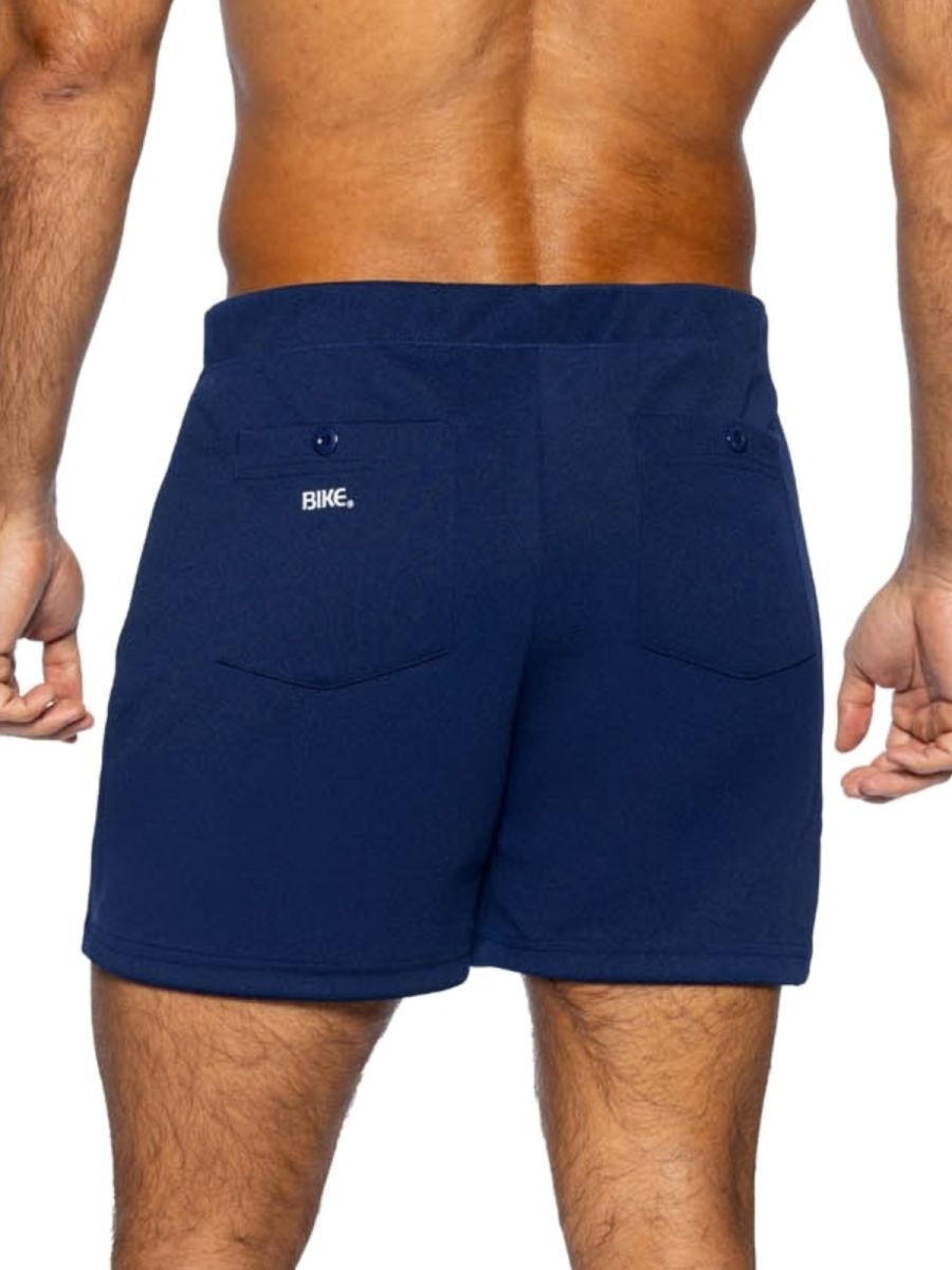 Navy blue bike athletic bam207 coaches shorts with 5 inch inseam and two front pockets with logo on left pocket