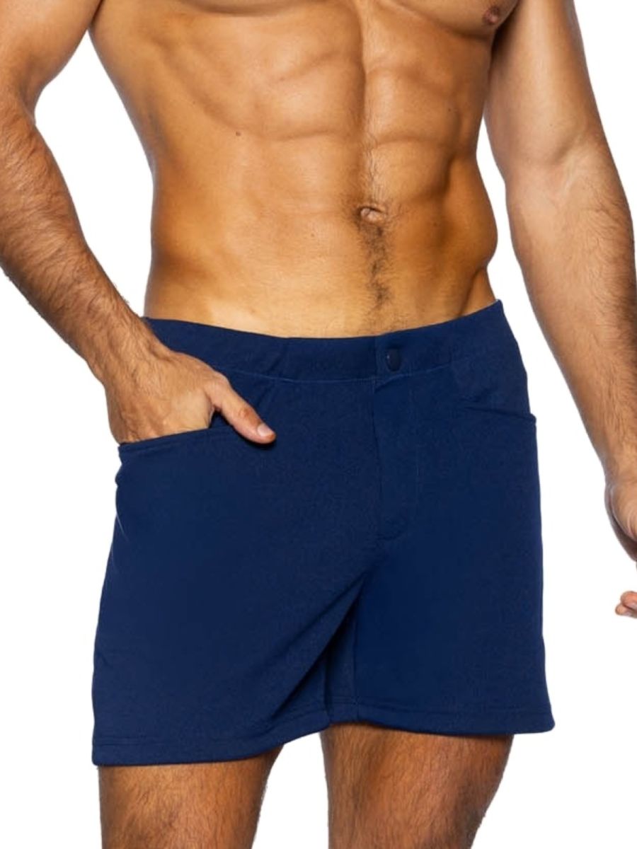 Navy blue BIKE athletic BAM207 coaches shorts with fitted waistband side pockets and 5 inch inseam for running