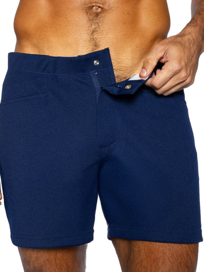 Navy blue cotton BIKE Athletic BAM207 coaches shorts with buttoned fly side pockets and 5 inch inseam