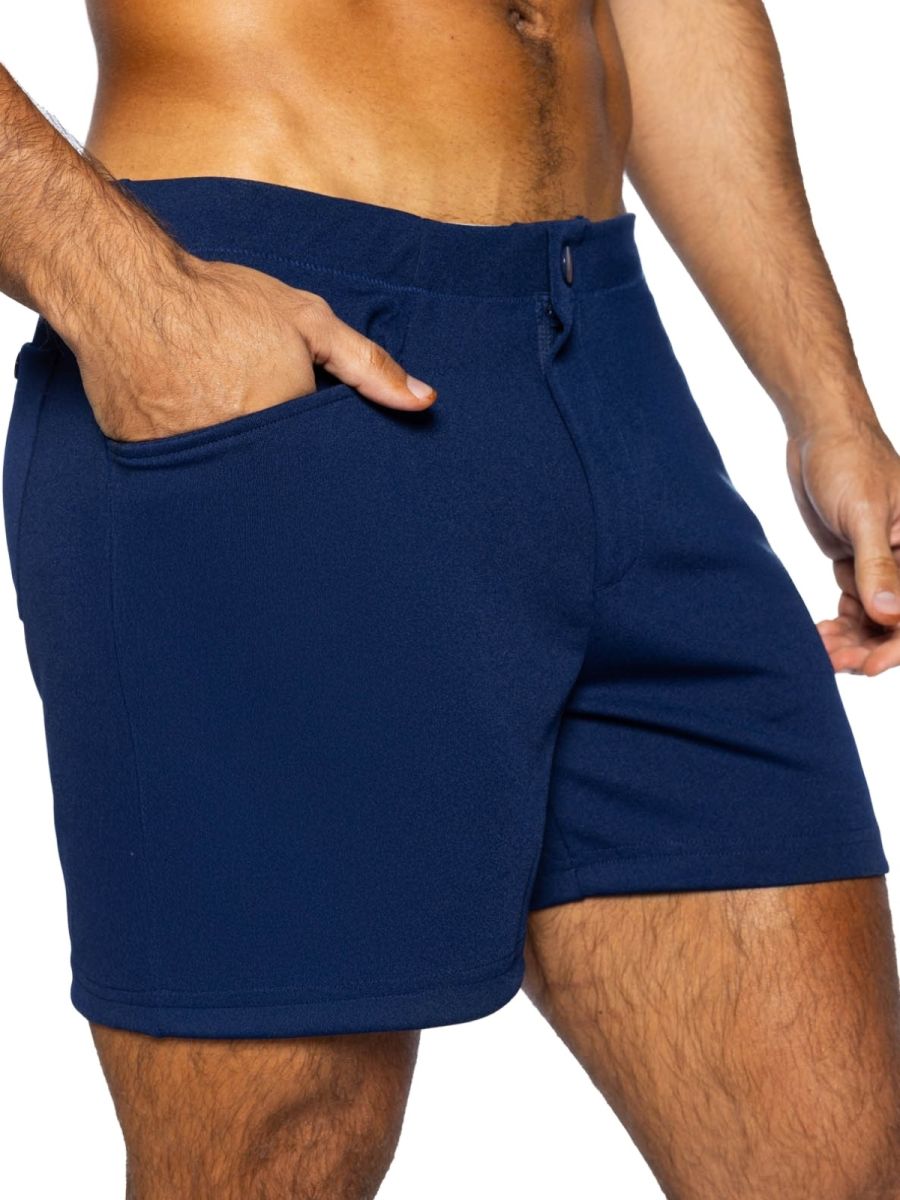 Navy bike athletic BAM207 coaches shorts with drawstring waistband side pockets and 5 inch inseam for active wear