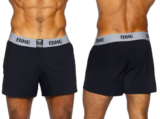 Black men’s boxer shorts with gray waistband featuring bike logo in black lettering from BIKE Athletic BAM216 jock short