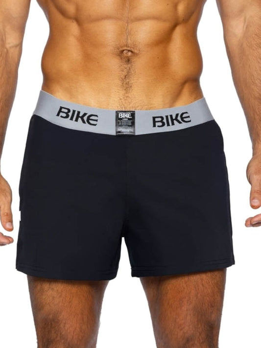 Black bike athletic bam216 jock shorts with gray waistband featuring bold bike lettering for active use