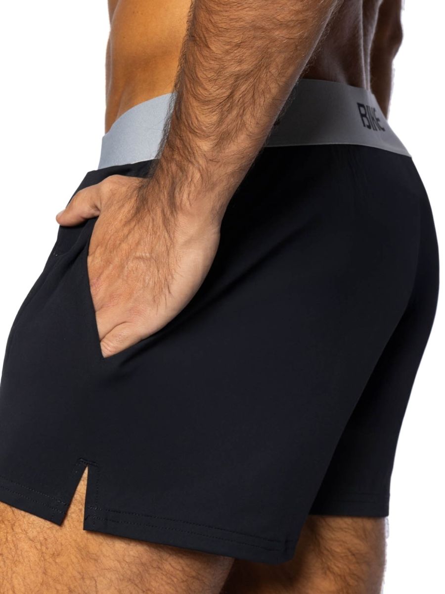 Black bike athletic BAM216 jock shorts with gray waistband featuring rmc logo for active use