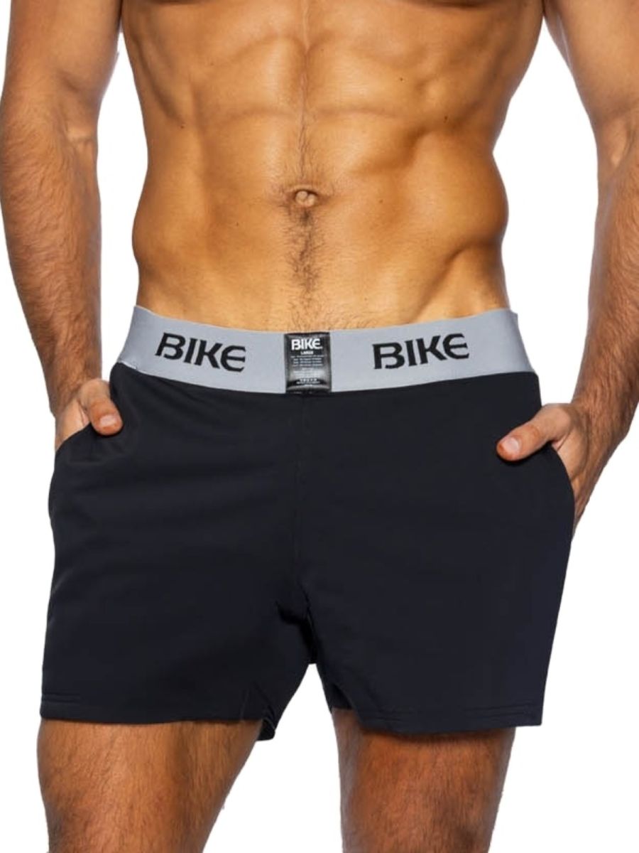 Black men’s boxer briefs with gray waistband featuring bike logo for athletic use in bam216 jock short design
