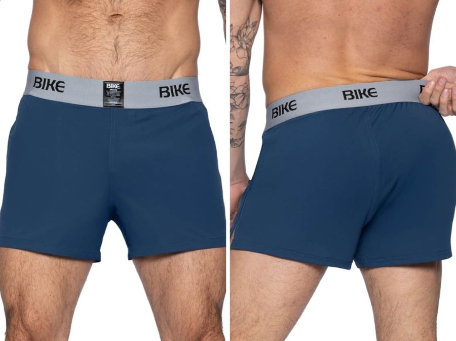 Navy blue bike athletic BAM216 performance jock short with gray elastic waistband and black bike lettering