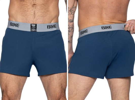 Navy blue bike athletic BAM216 performance jock short with gray elastic waistband and black bike lettering