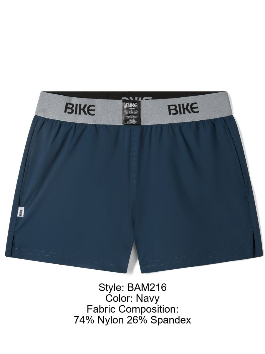 Navy bike athletic BAM216 performance jock shorts with gray elastic waistband and black bike logo in front view