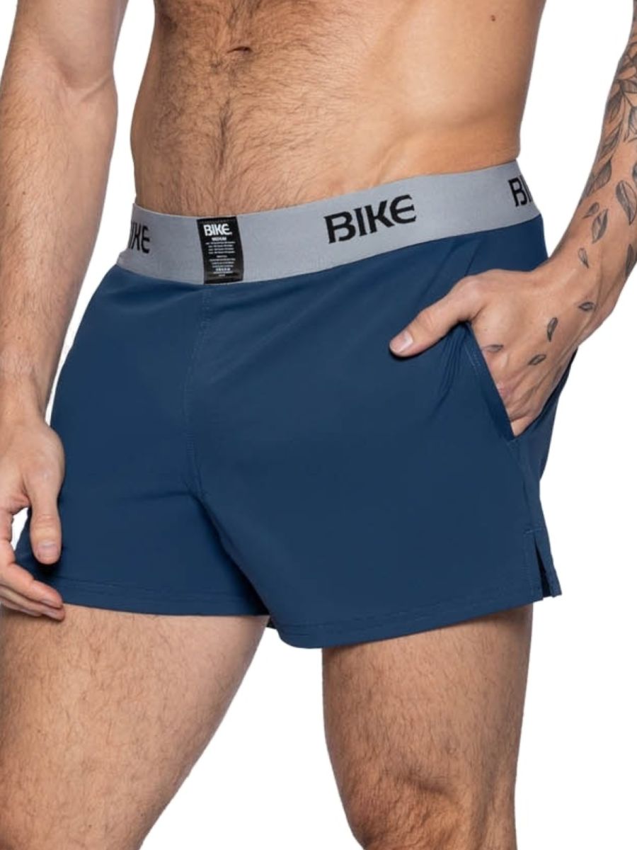 Navy bike athletic BAM216 performance jock shorts with gray waistband featuring bike logo in black lettering