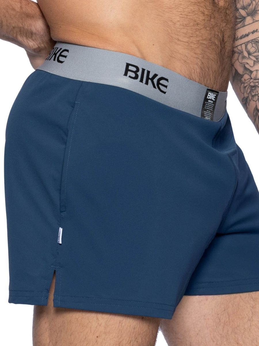 Navy bike athletic BAM216 performance jock shorts with gray waistband and black bike lettering for active wear