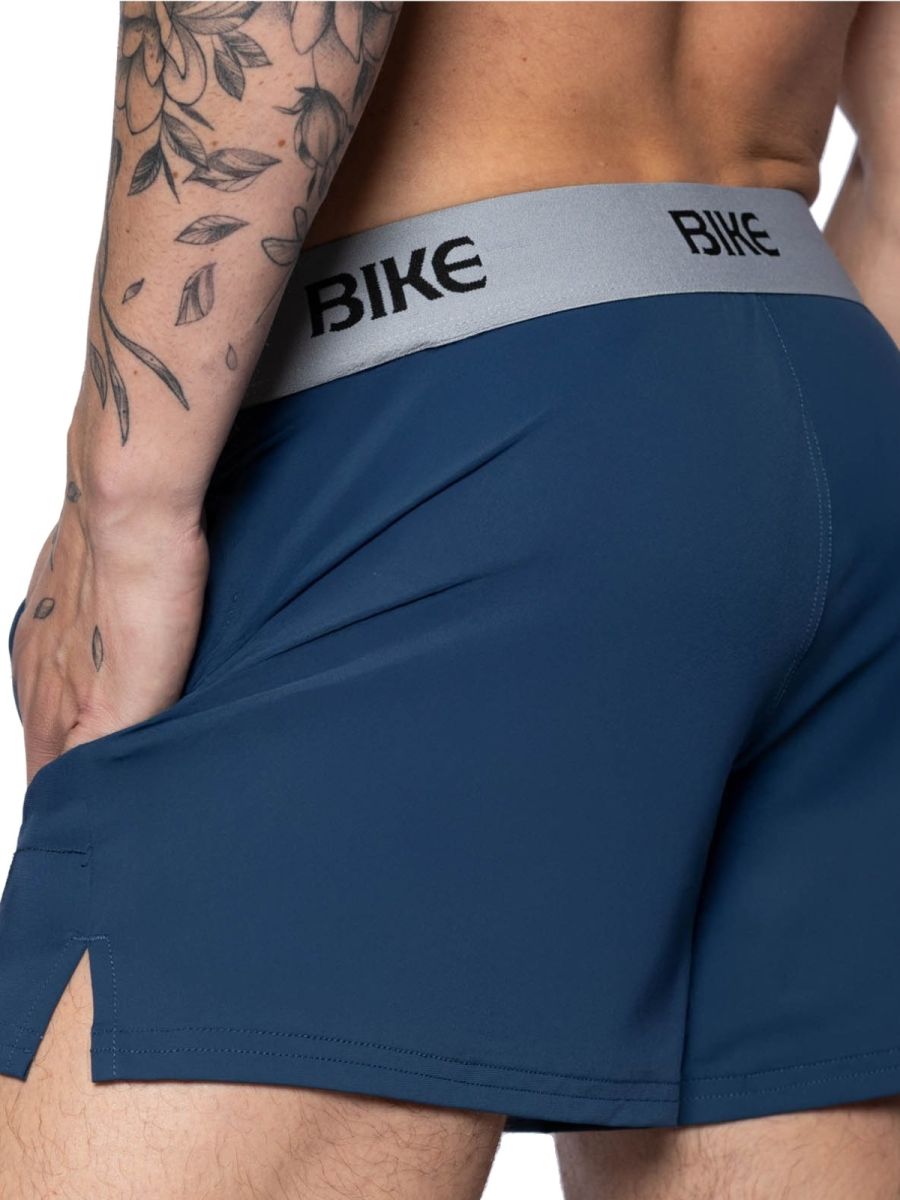 Navy bike athletic BAM216 performance jock shorts with gray waistband featuring black bike lettering