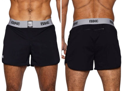 Black bike athletic bam225 peek-a-boo jock shorts with a gray waistband and bike logo in black lettering