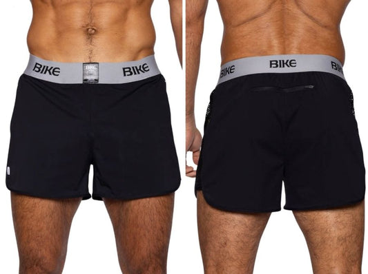 Black bike athletic bam225 peek-a-boo jock shorts with a gray waistband and bike logo in black lettering