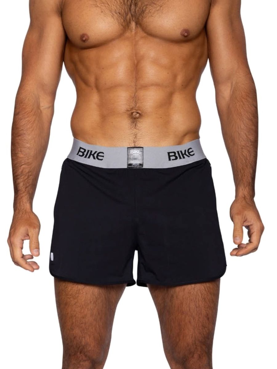 Black bike athletic bam225 peek-a-boo jock shorts with gray waistband and bold black bike lettering front view
