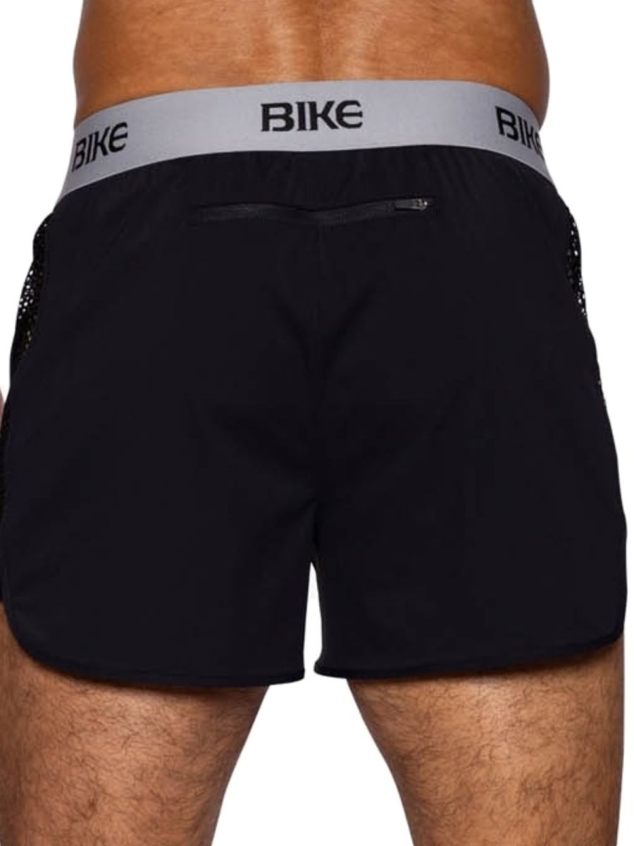 Black bike athletic bam225 peek-a-boo jock shorts with gray waistband and mesh side panels for active wear