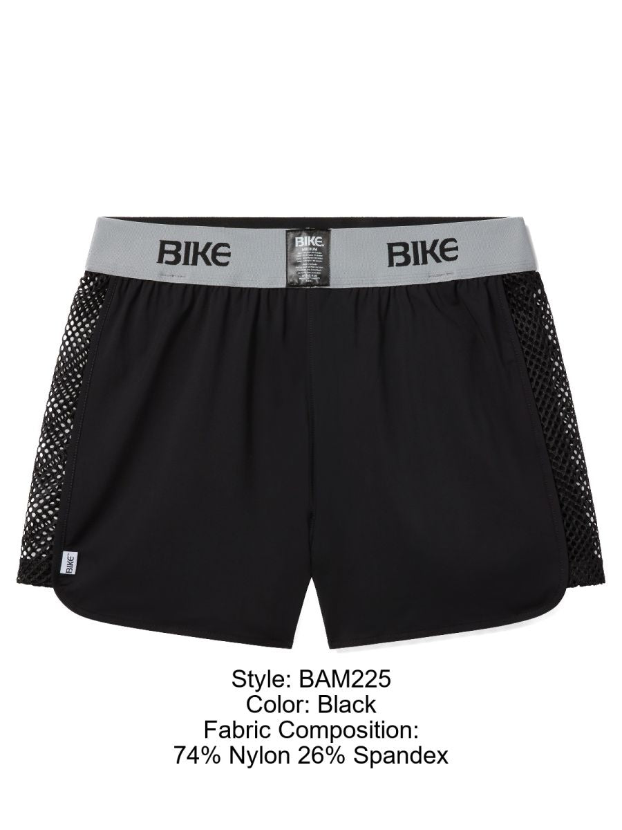 Black bike athletic bam225 peek-a-boo jock shorts with gray waistband made of 74% nylon and 26% spandex