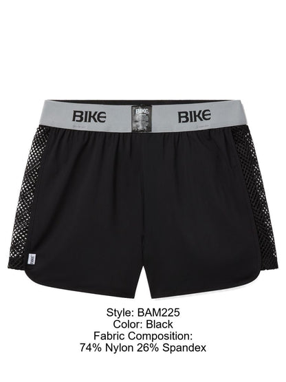 Black bike athletic bam225 peek-a-boo jock shorts with gray waistband made of 74% nylon and 26% spandex