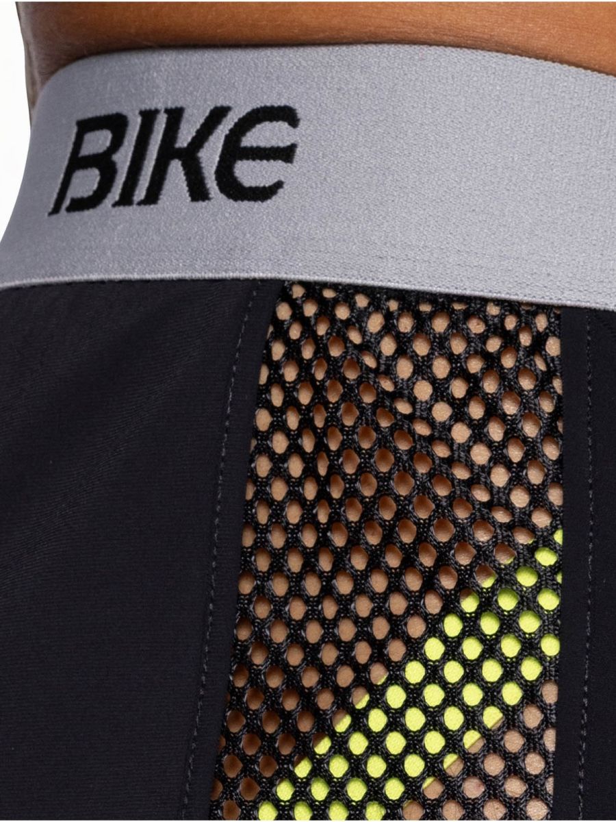 Black bike athletic BAM225 peek-a-boo jock shorts with gray waistband mesh panel and neon yellow accents