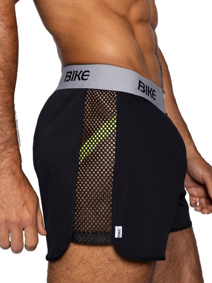 Black bike athletic BAM225 peek-a-boo jock shorts with mesh neon green accents and gray branded waistband
