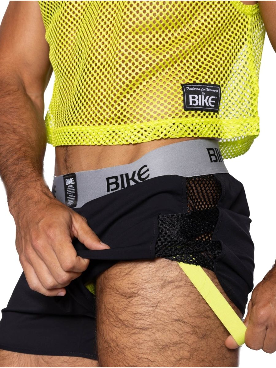 Bright neon yellow mesh crop top with black fabric accents and bike branded waistband in bike athletic bam225 jock short style