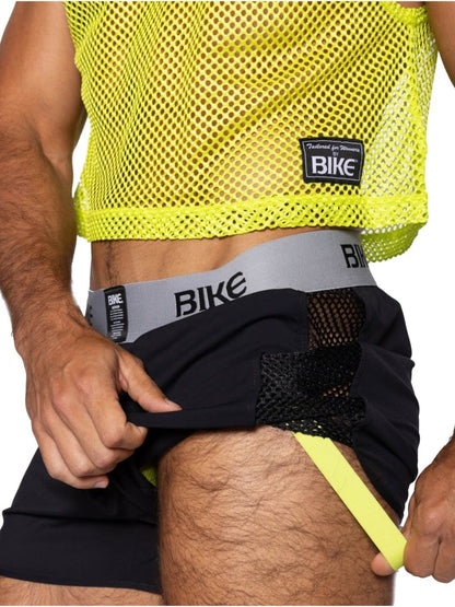 Bright neon yellow mesh crop top with black fabric accents and bike branded waistband in bike athletic bam225 jock short style