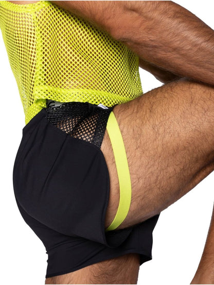 Black mesh brief bike athletic bam225 with neon yellow elastic waistband for sporty peek-a-boo jock short look
