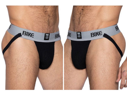 Black bike athletic BAS303 classic jockstrap briefs with gray waistband and bike logo in black text visible from front