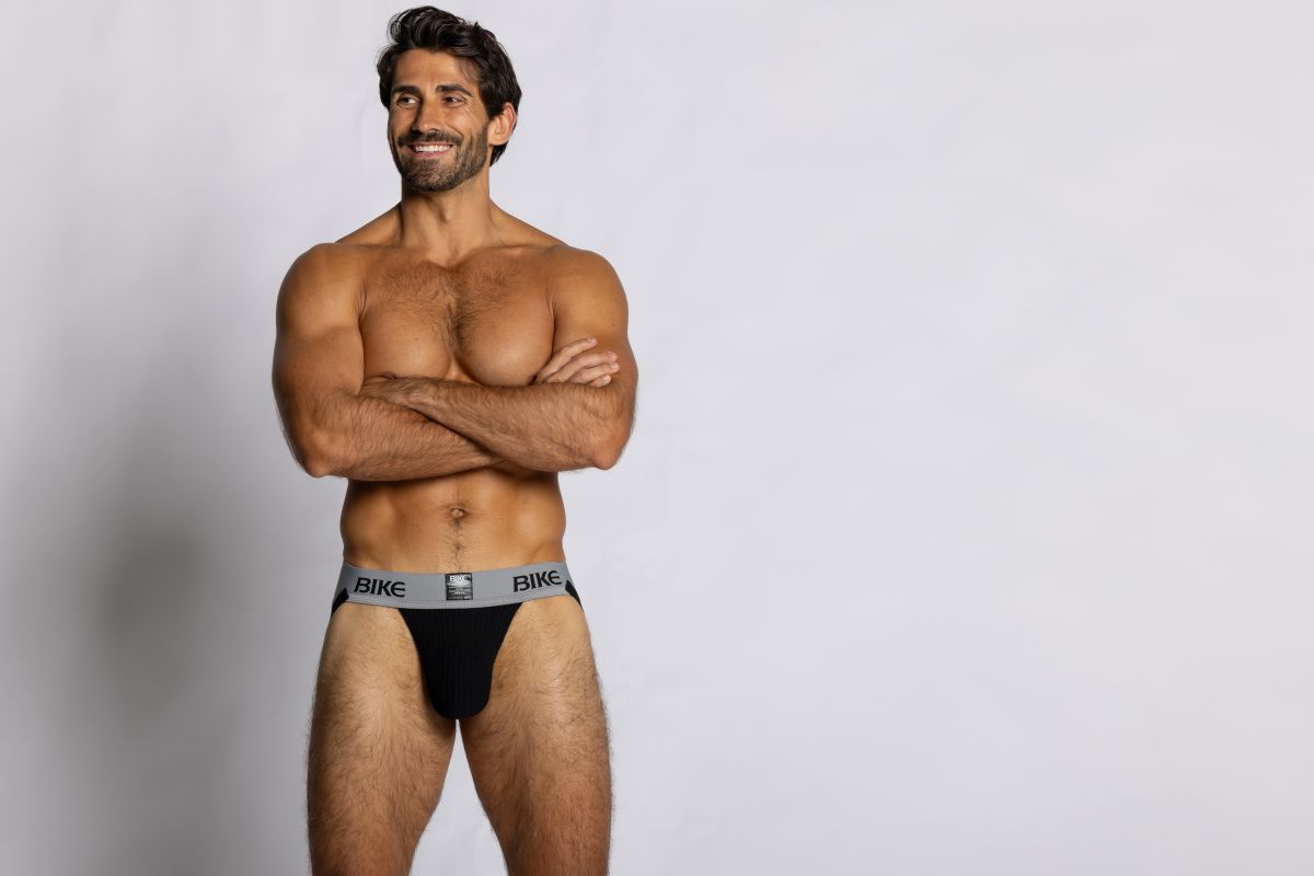 Black bike athletic bas303 classic jockstrap briefs with gray waistband and bike logo in black lettering