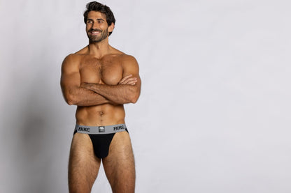 Black bike athletic bas303 classic jockstrap briefs with gray waistband and bike logo in black lettering