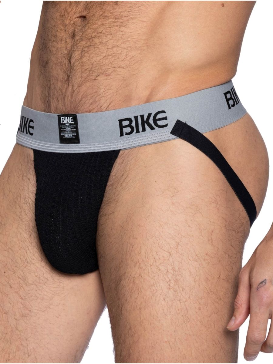 Black bike brand athletic briefs with gray waistband and bold black lettering in classic jockstrap style