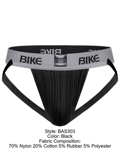 Black bike athletic briefs with ribbed texture and gray waistband from BIKE athletic BAS303 classic jockstrap collection