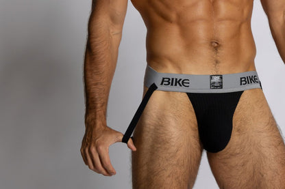 Black bike brand athletic jockstrap with gray waistband featuring bold black bike lettering model BAS303 classic design