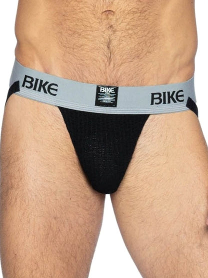 Black bike athletic bas303 classic jockstrap with light gray waistband and bold black bike lettering