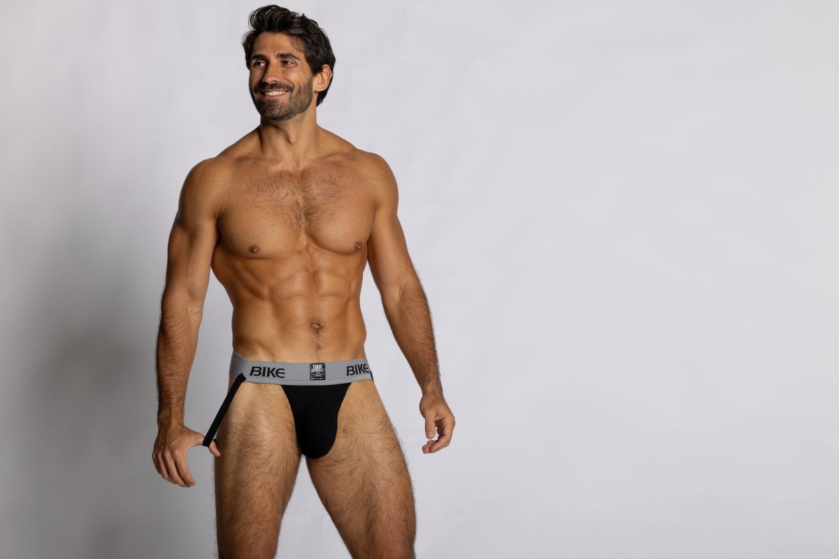 Black bike athletic briefs with gray waistband and bike logo designed for performance and comfort