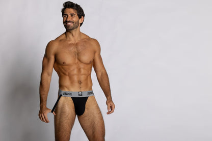 Black bike athletic briefs with gray waistband and bike logo designed for performance and comfort