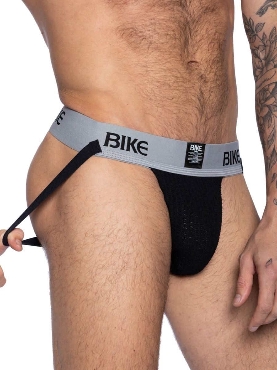 Black mesh bike athletic bas303 classic jockstrap with gray waistband and bold bike lettering in black