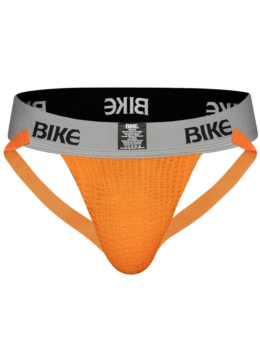 Orange BIKE athletic jockstrap with grey and black waistband.