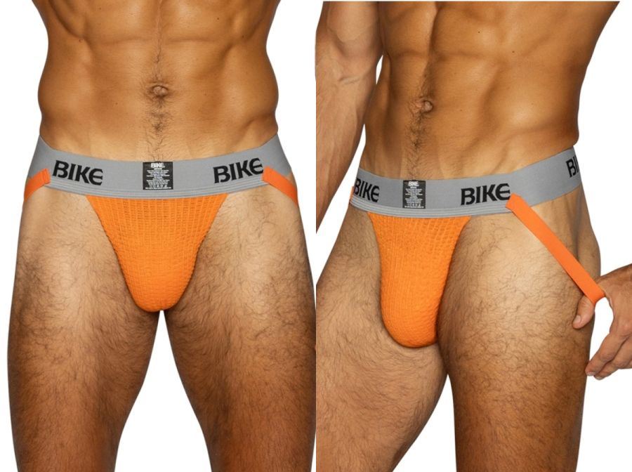 Orange BIKE athletic jockstrap with gray waistband, shown from front and side.
