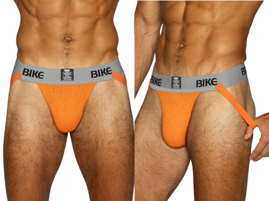 Orange BIKE athletic jockstrap with gray waistband, shown from front and side.