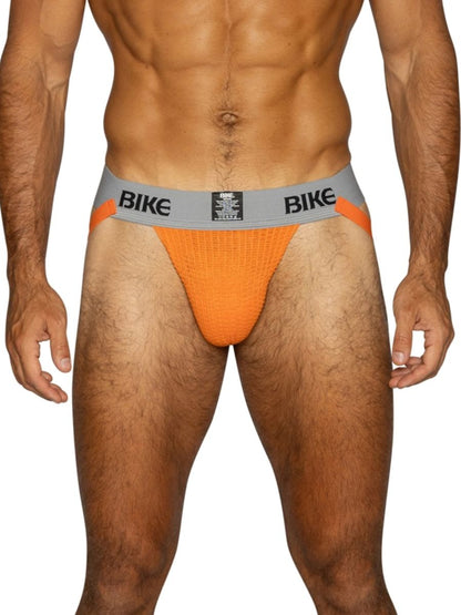 BIKE Men's orange jockstrap with grey waistband and orange accents.