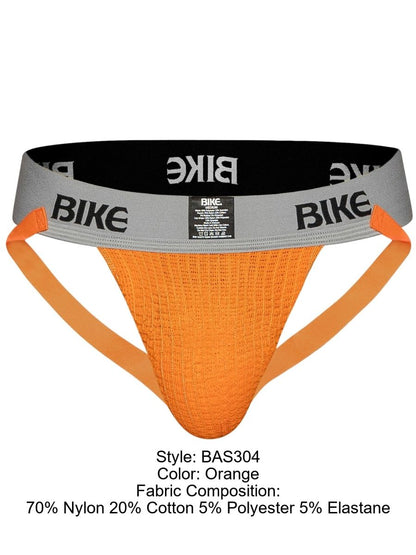 Orange BIKE athletic jockstrap with grey waistband and orange straps.