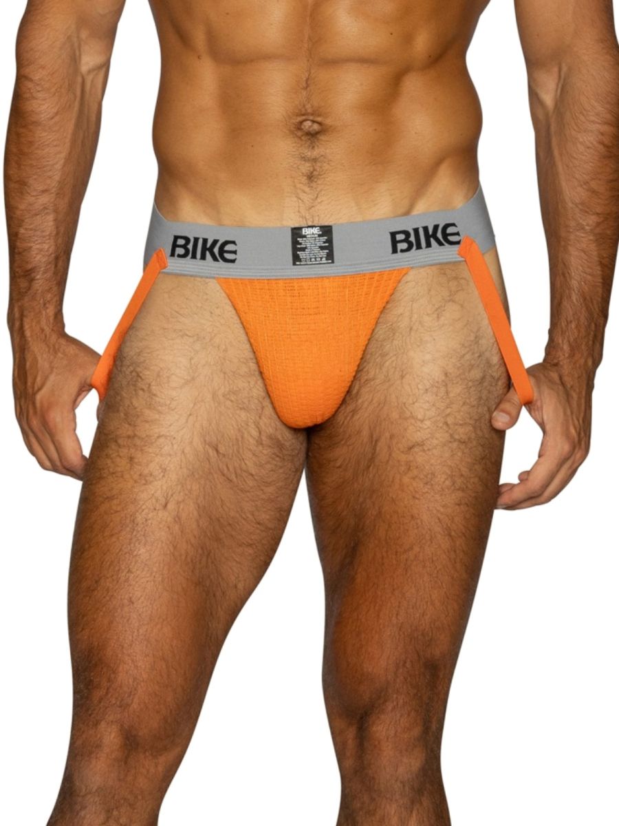 Orange BIKE athletic jockstrap with grey waistband and orange straps.