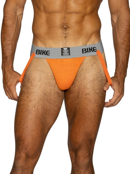 Orange BIKE athletic jockstrap with grey waistband and orange straps.