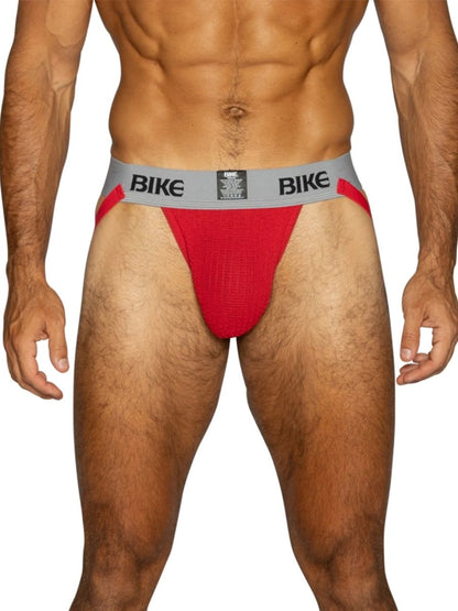 Red BIKE athletic jockstrap for men with gray waistband.