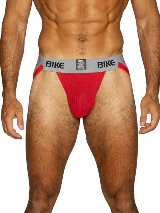 Red BIKE athletic jockstrap for men with gray waistband.