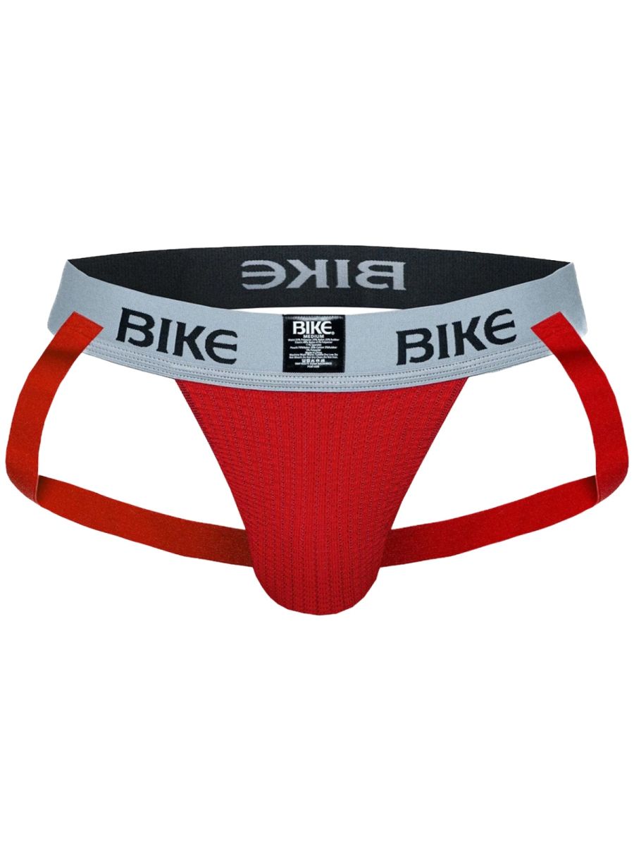 Red BIKE athletic jockstrap with grey waistband and red straps.
