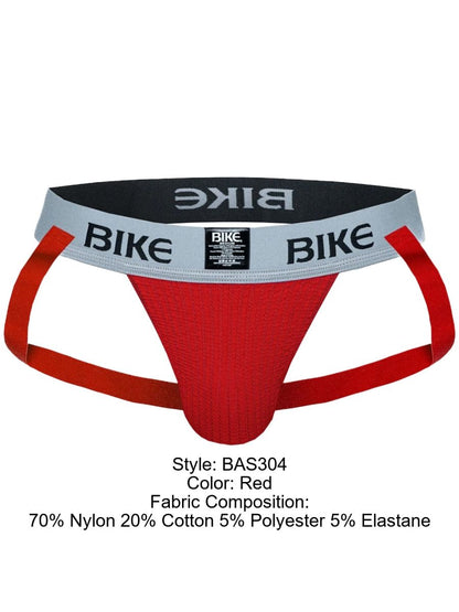 Red BIKE athletic jockstrap with gray waistband and red straps.