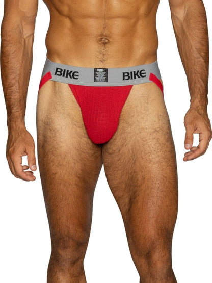 BIKE red athletic jockstrap for men with a grey waistband.