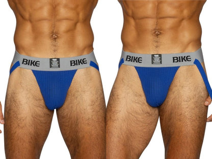 BIKE Royal blue men's athletic jockstrap with grey waistband.